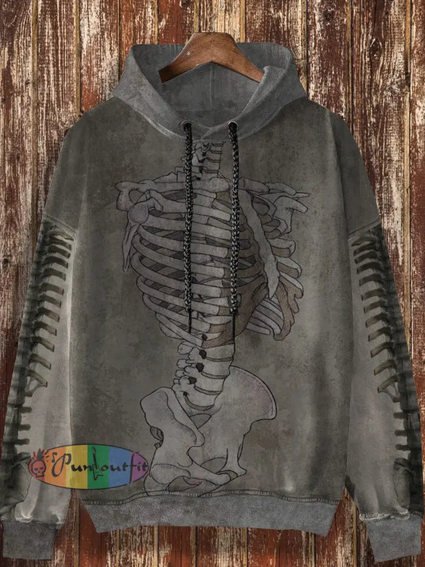 Unisex Bone Pattern Design Retro Print Casual Loose Long Sleeved Hooded Sweatshirt Gray / S