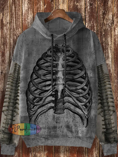 Unisex Bone Retro Printed Casual Loose Long Sleeved Hooded Sweatshirt Gray / S