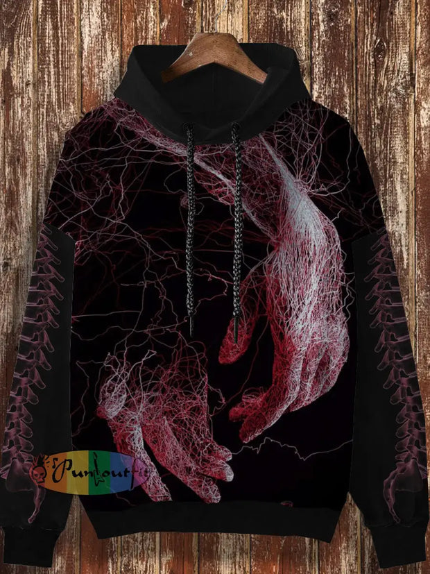 Unisex Bone Vascular Retro Printed Casual Loose Long Sleeved Hooded Sweatshirt Black / S