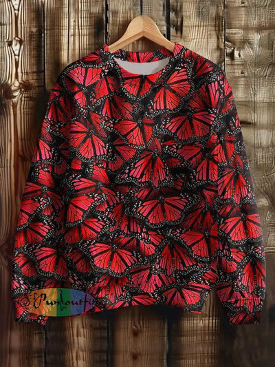 Unisex Butterfly Print Punk Crew Neck Casual Sweatshirt Red / S