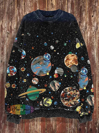 Unisex Cartoon Starry Sky Print Crew Neck Casual Sweatshirt Black / S