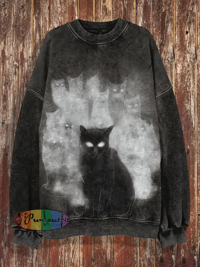 Unisex Cat And Ghost Print Halloween Crew Neck Casual Sweatshirt Black / S