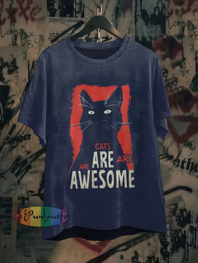 Unisex Cats Are Awesome Print Casual Cotton Short Sleeve T-Shirt Black / S