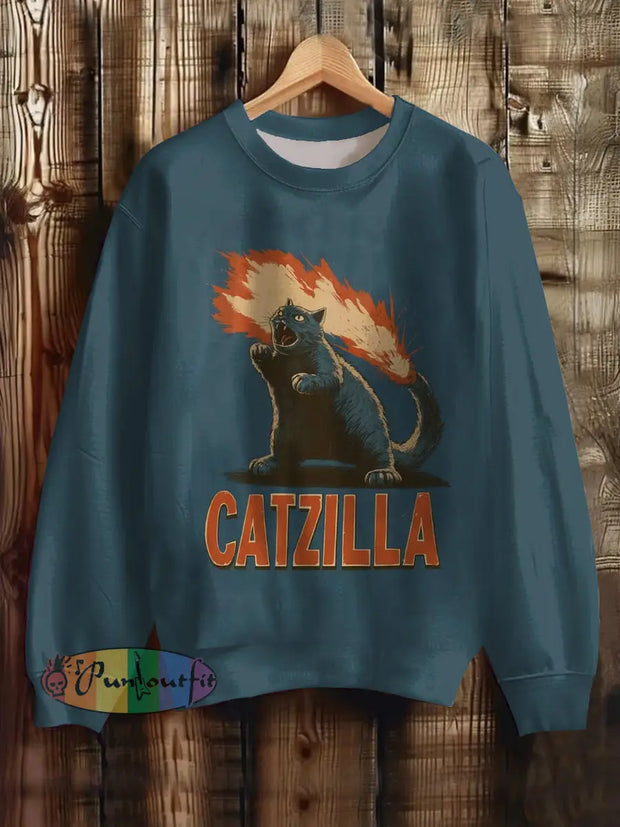 Unisex Catzilla Print Punk Crew Neck Casual Sweatshirt Colorful / S