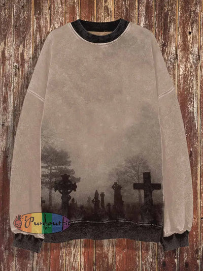 Unisex Cemetery Print Halloween Crew Neck Casual Sweatshirt Colorful / S