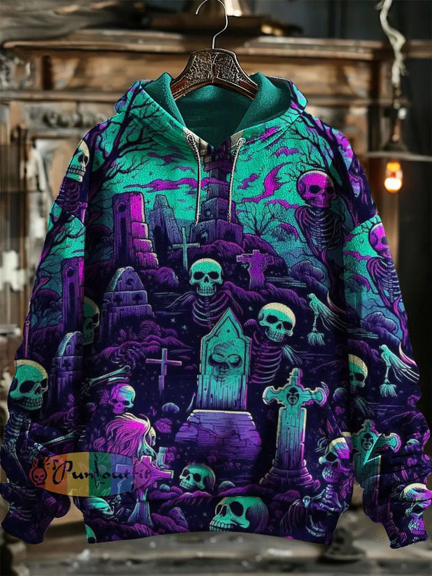 Unisex Cemetery Skull Print Halloween Hooded Sweatshirt With Pocket Purple / S