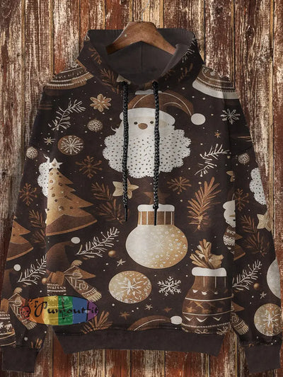 Unisex Christmas Cartoon Printed Casual And Fashionable Loose Long Sleeved Hooded Sweatshirt Brown