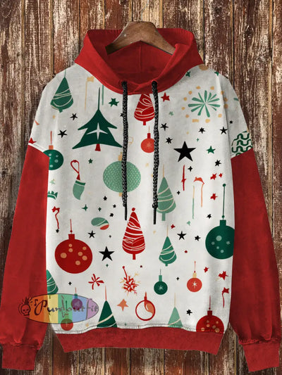 Unisex Christmas Cartoon Printed Casual And Fashionable Loose Long Sleeved Hooded Sweatshirt Red / S