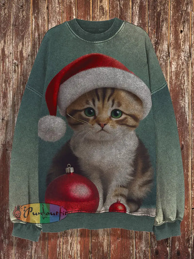 Unisex Christmas Cute Kitten Retro Printed Round Neck Casual Fashion Long Sleeved Sweatshirt Lake