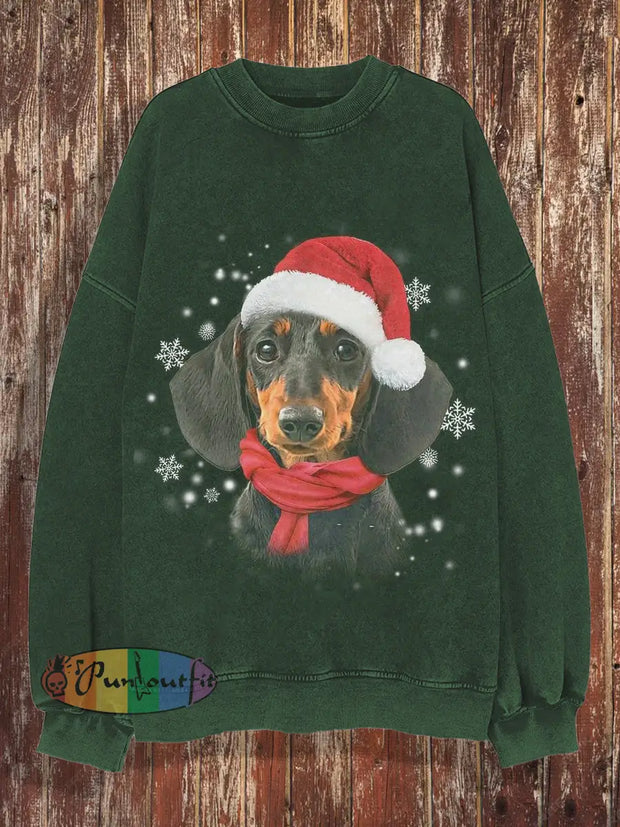 Unisex Christmas Cute Little Dog Round Neck Fashionable Loose Long Sleeved Sweatshirt Green / S