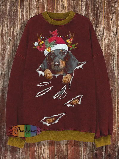 Unisex Christmas Cute Little Dog Round Neck Fashionable Loose Long Sleeved Sweatshirt Red / S