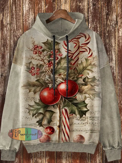 Unisex Christmas Design Retro Print Casual Loose Long Sleeved Hooded Sweatshirt Creamy-White / S