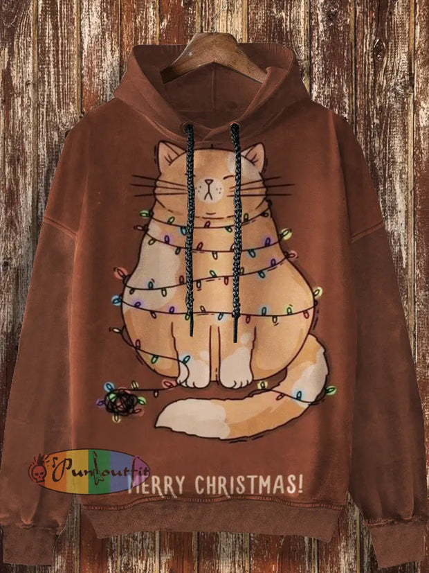 Unisex Christmas Light Bulb Cat Pattern Print Casual And Fashionable Loose Long Sleeved Hooded