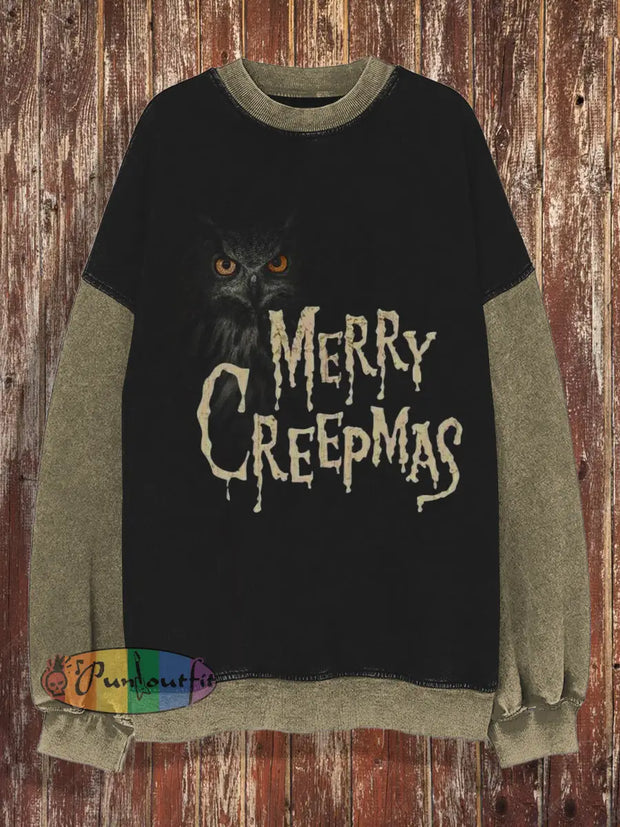 Unisex Christmas Owl Retro Printed Round Neck Casual Long Sleeved Sweatshirt Black / S