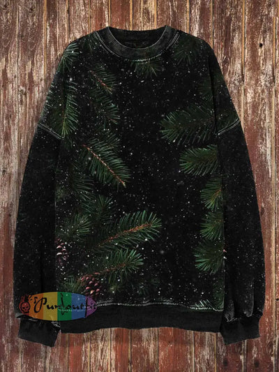 Unisex Christmas Pine Tree Print Crew Neck Casual Sweatshirt Black / S