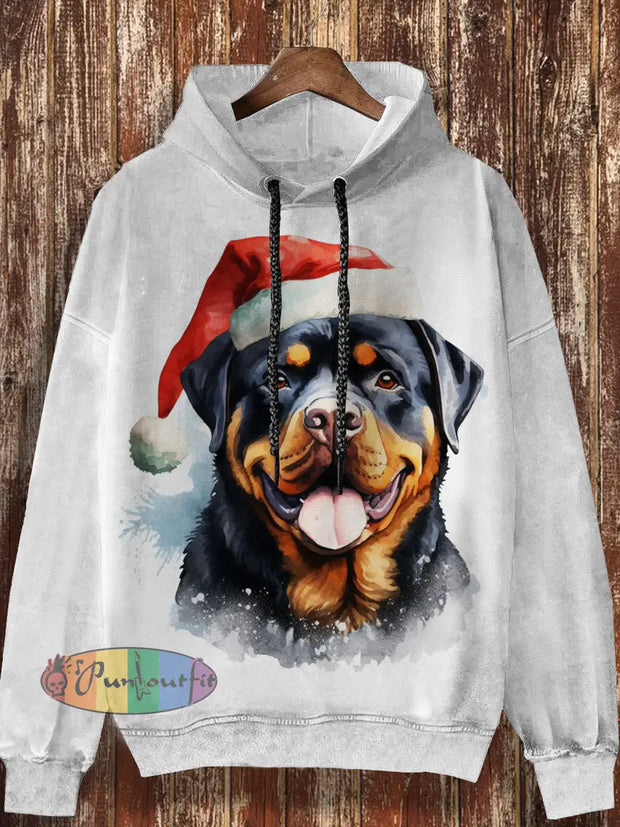 Unisex Christmas Puppy Print Casual And Fashionable Loose Long Sleeved Hooded Sweatshirt White / S