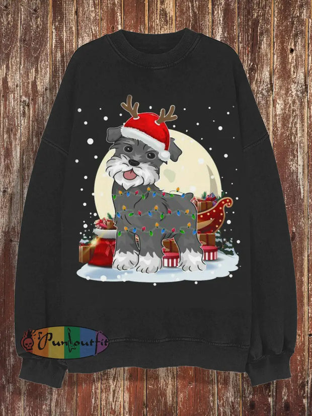 Unisex Christmas Retro Cute Puppy Art Print Casual Loose Round Neck Long Sleeved Hoodie Black / S