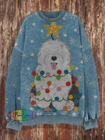 Unisex Christmas Retro Cute Puppy Art Print Casual Loose Round Neck Long Sleeved Hoodie Blue / S