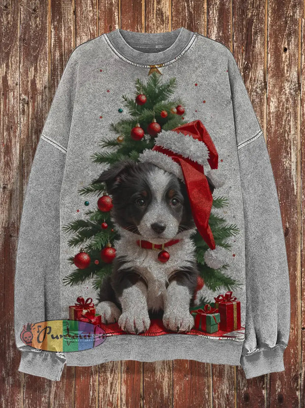 Unisex Christmas Retro Cute Puppy Art Print Casual Loose Round Neck Long Sleeved Hoodie Light Gray