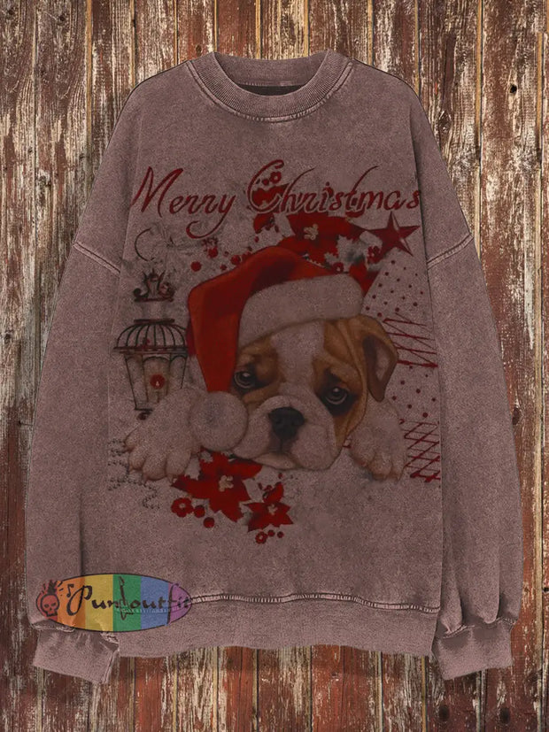 Unisex Christmas Retro Cute Puppy Art Print Casual Loose Round Neck Long Sleeved Hoodie Red / S