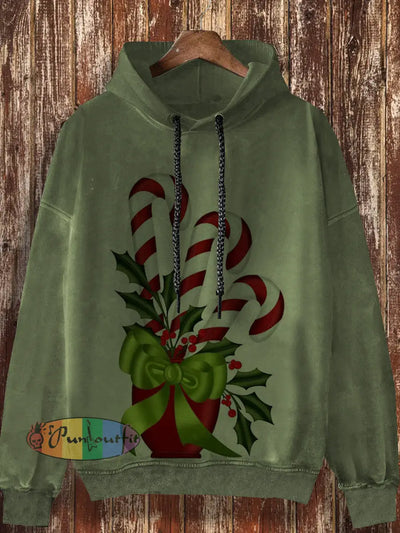 Unisex Christmas Retro Printed Casual Loose Long Sleeved Hooded Sweatshirt Green / S