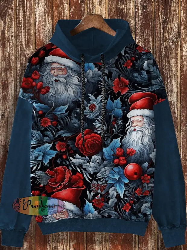 Unisex Christmas Rose And Santa Claus Print Casual Retro Long Sleeved Hooded Sweatshirt Blue / S