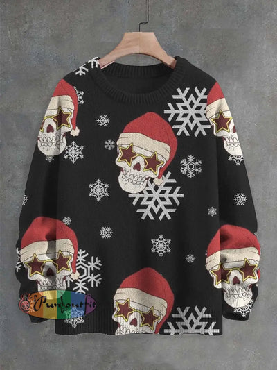 Unisex Christmas Skull Print Casual Crew Neck Sweater Black / S