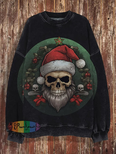 Unisex Christmas Skull Print Crew Neck Casual Sweatshirt Black / S