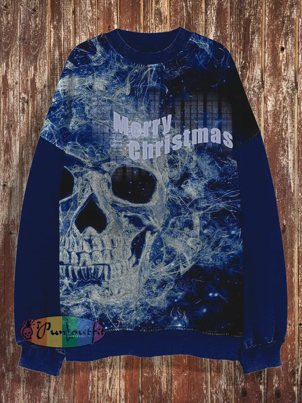 Unisex Christmas Skull Retro Print Round Neck Casual Long Sleeved Sweatshirt Blue / S