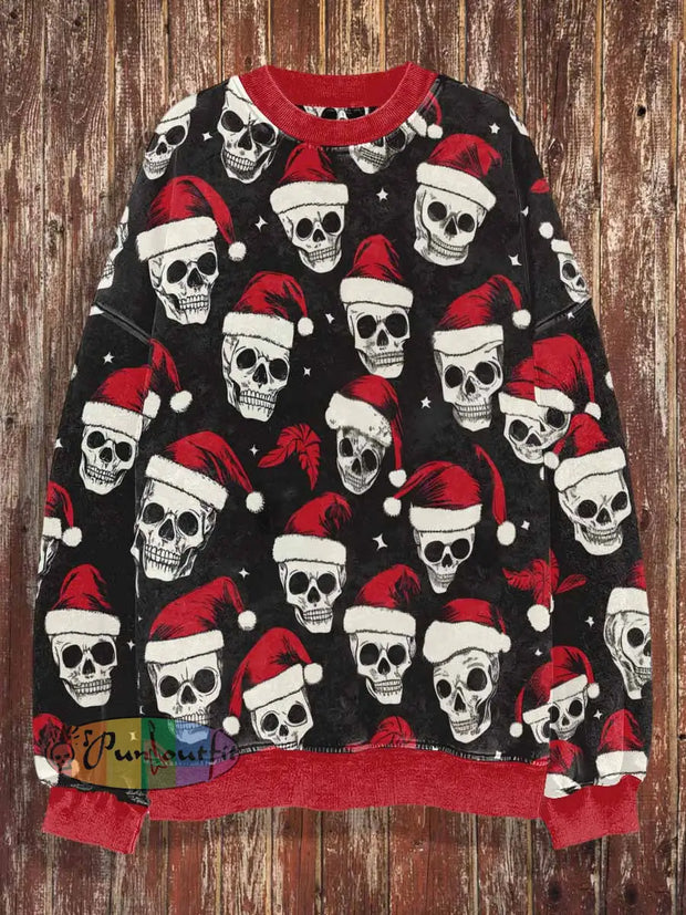 Unisex Christmas Skulls Print Contrasting Colors Crew Neck Casual Sweatshirt Red / S