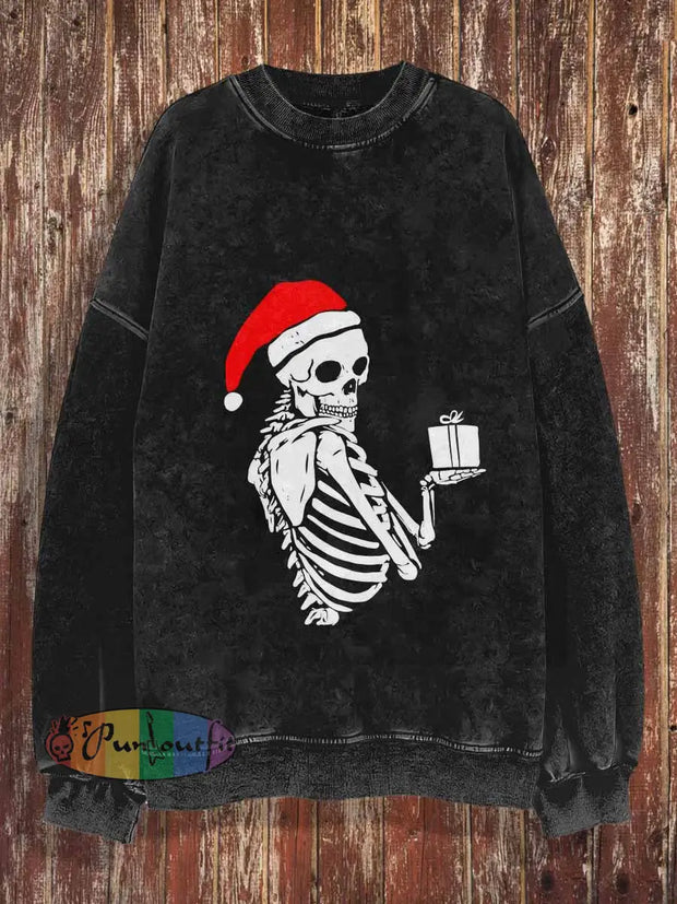 Unisex Christmas Skulls Print Crew Neck Casual Sweatshirt Black / S