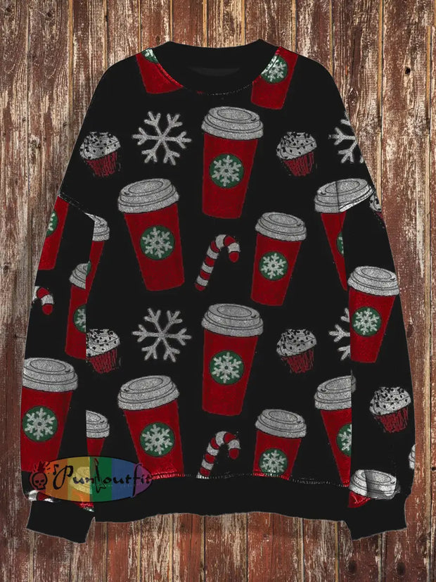 Unisex Christmas Vintage Snowflake Gift Art Print Casual Loose Round Neck Long Sleeved Hoodie Black