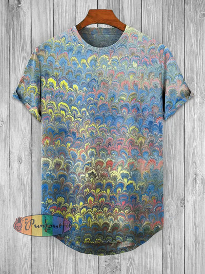 Unisex Color Abstract Printed Fashionable Loose Short Sleeved T-shirt With Irregular Hem Blue / S