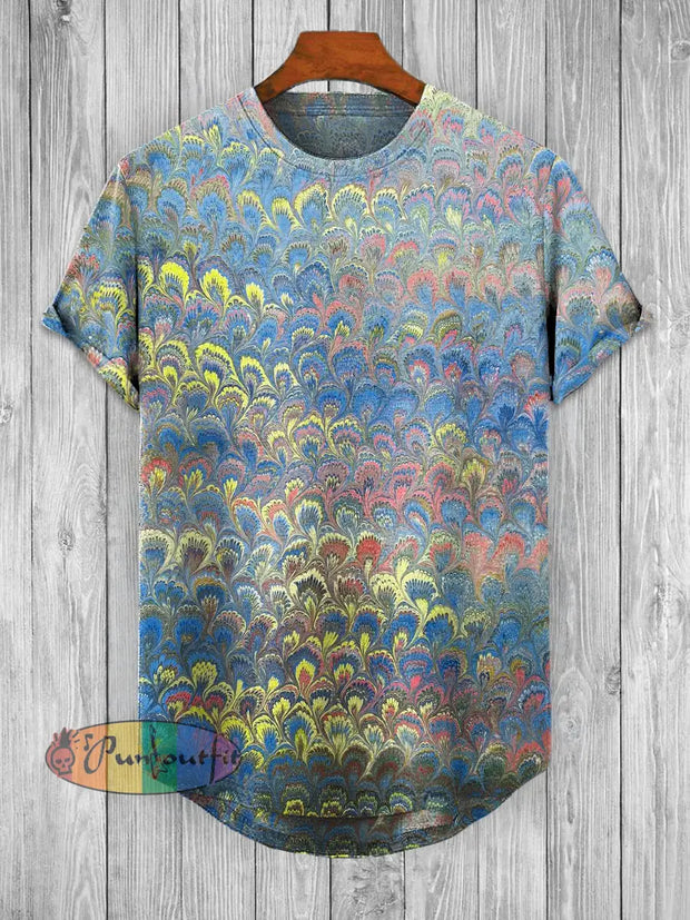 Unisex Color Abstract Printed Fashionable Loose Short Sleeved T-shirt With Irregular Hem Blue / S