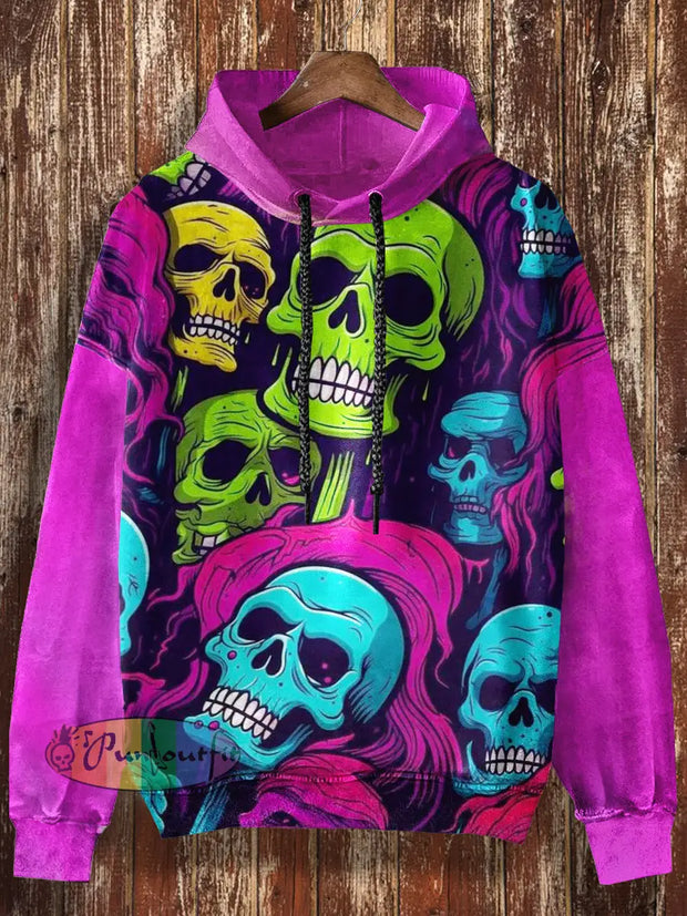 Unisex Color Pop Skull Print Halloween Casual Hooded Sweatshirt Colorful / S