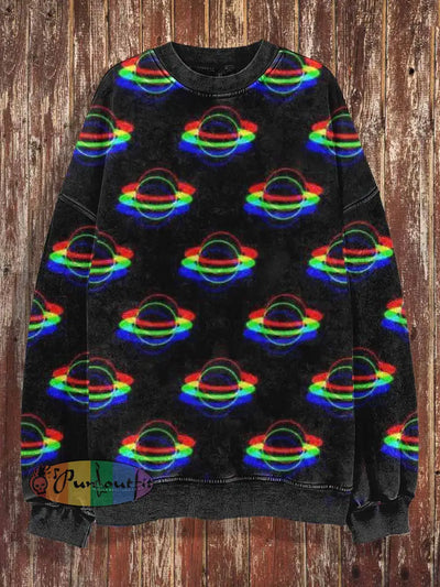 Unisex Colorful Saturn Print Halloween Crew Neck Casual Sweatshirt Black / S