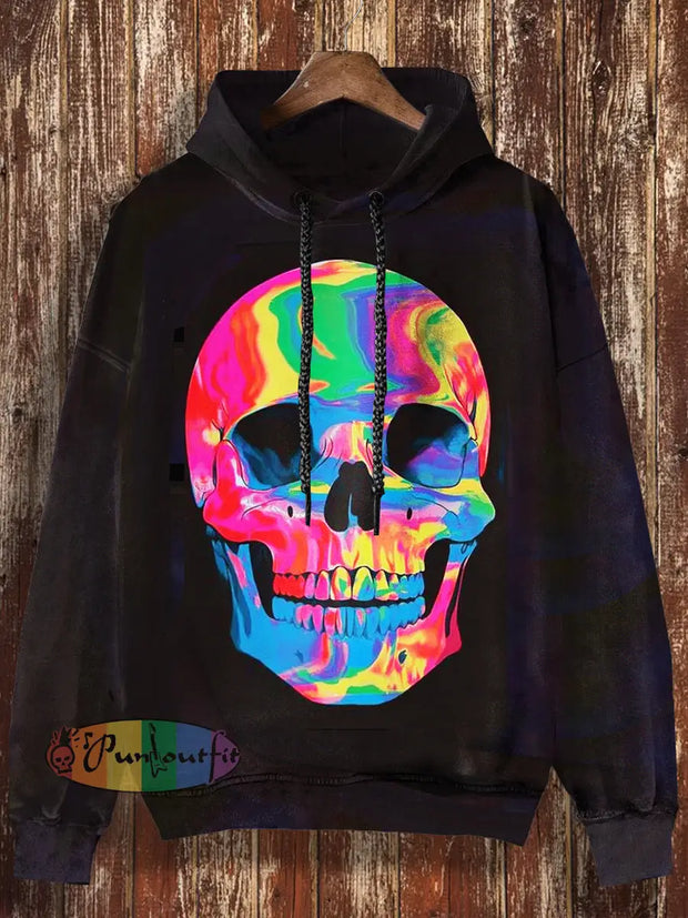 Unisex Colorful Skull Print Halloween Casual Hooded Sweatshirt Black / S