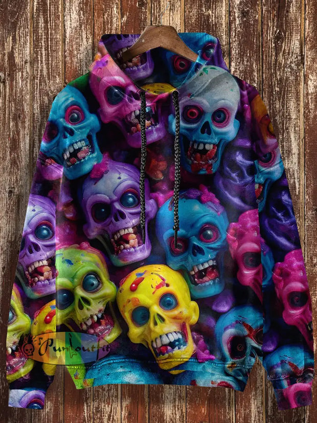 Unisex Colorful Skull Print Punk Casual Hooded Sweatshirt / S