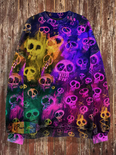 Unisex Colorful Skulls Print Halloween Crew Neck Casual Sweatshirt / S