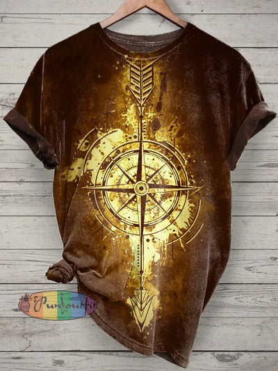Unisex Compass Printed Vintage Fashion Loose Short Sleeve T-Shirt Brown / S