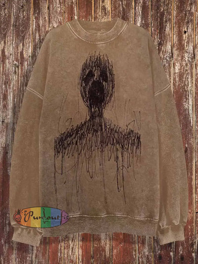 Unisex Crazy Man Print Crew Neck Casual Sweatshirt Light Brown / S