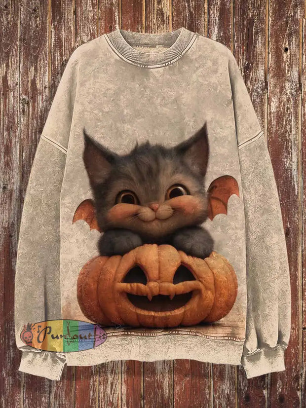 Unisex Cute Cat Pumpkin Print Crew Neck Casual Sweatshirt Colorful / S