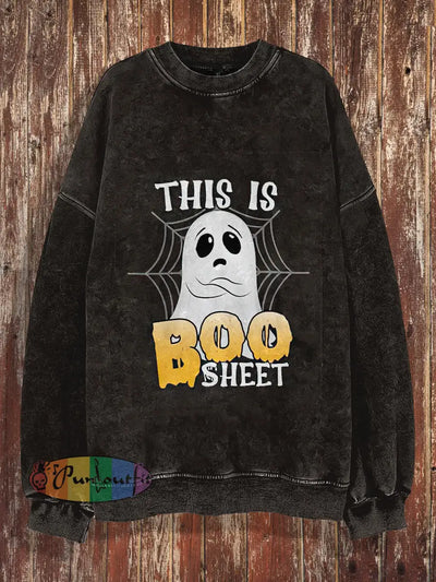 Unisex Cute Ghost Print Halloween Crew Neck Casual Sweatshirt Black / S