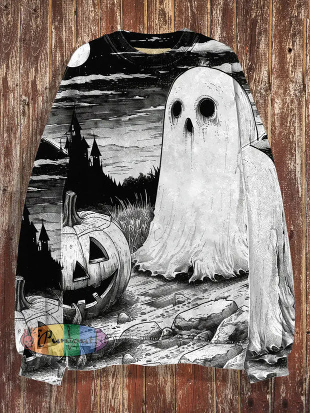 Unisex Cute Ghost Print Halloween Crew Neck Casual Sweatshirt Black / S