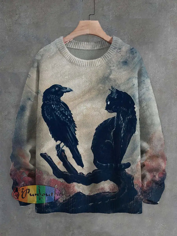 Unisex Dark Raven Cat Print Crew Neck Sweater As Picture / S