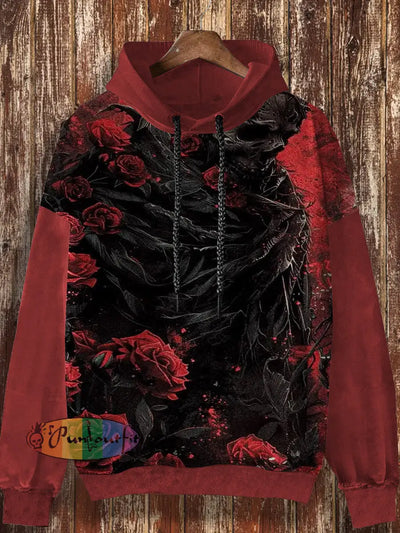 Unisex Dark Rose Design Retro Printed Casual Loose Long Sleeved Hooded Sweatshirt Red / S