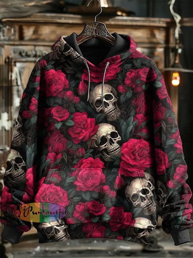 Unisex Dark Skull Print Halloween Hooded Sweatshirt With Pocket Colorful / S