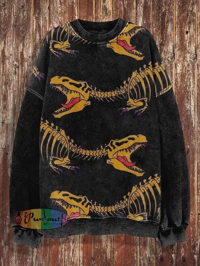 Unisex Dinosaur Print Halloween Crew Neck Casual Sweatshirt Black / S