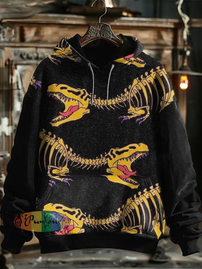 Unisex Dinosaur Print Halloween Hooded Sweatshirt With Pocket Black / S