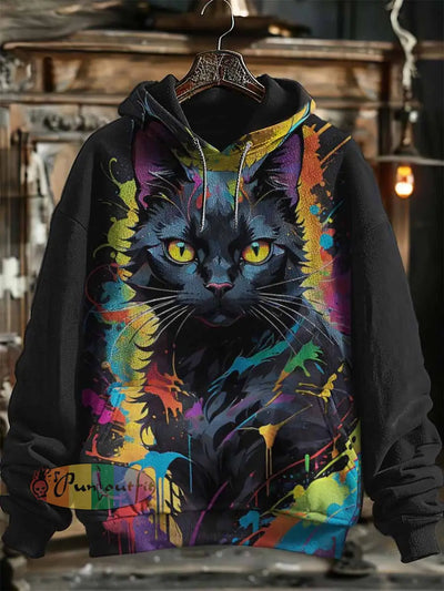 Unisex Fantasy Black Cat Print Halloween Hooded Sweatshirt With Pocket / S